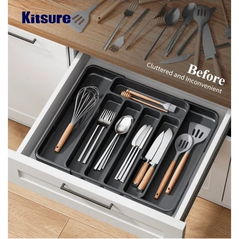 Set of 2 Kitsure Adjustable Utensil Organizer Kitchen Drawer Storage Tray Black‎